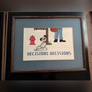 Framed Cross-Stitch Wall Art - 'Decisions Decisions' Dalmatian in Blue Mat Art